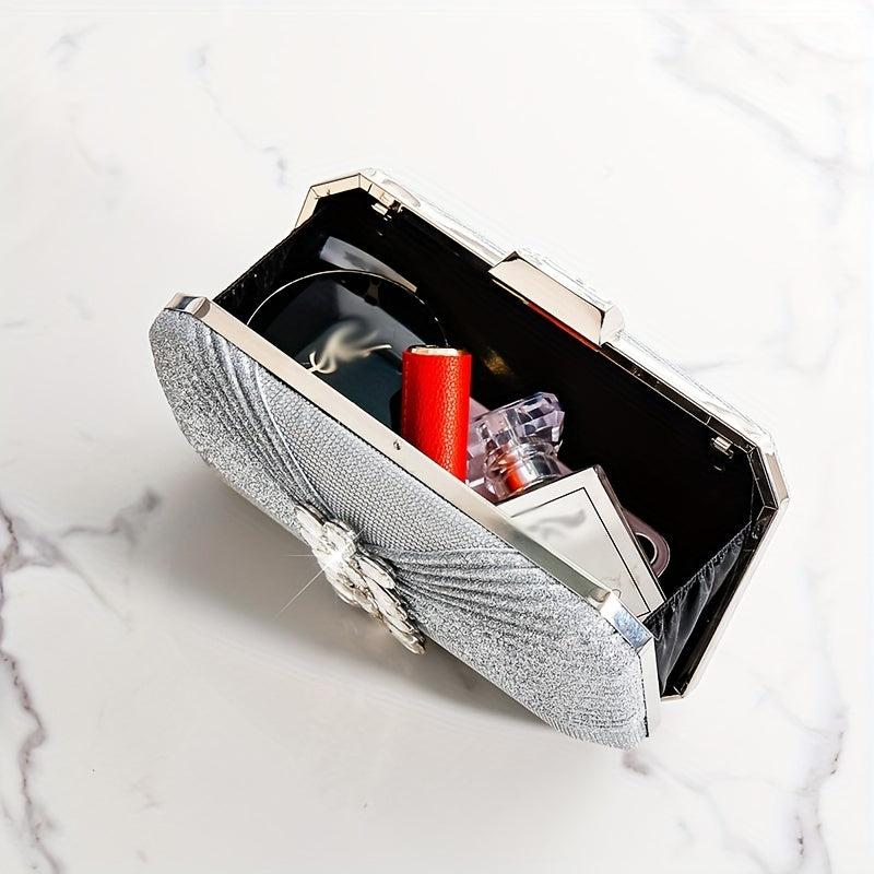 Pleated Rhinestone Glitter Kiss Lock Chain Clutch Evening Bag
