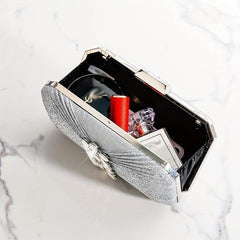Pleated Rhinestone Glitter Kiss Lock Chain Clutch Evening Bag