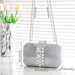Pleated Rhinestone Glitter Kiss Lock Chain Clutch Evening Bag