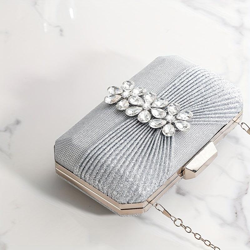 Pleated Rhinestone Glitter Kiss Lock Chain Clutch Evening Bag