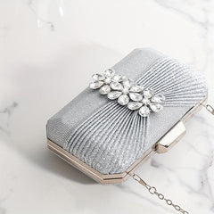 Pleated Rhinestone Glitter Kiss Lock Chain Clutch Evening Bag