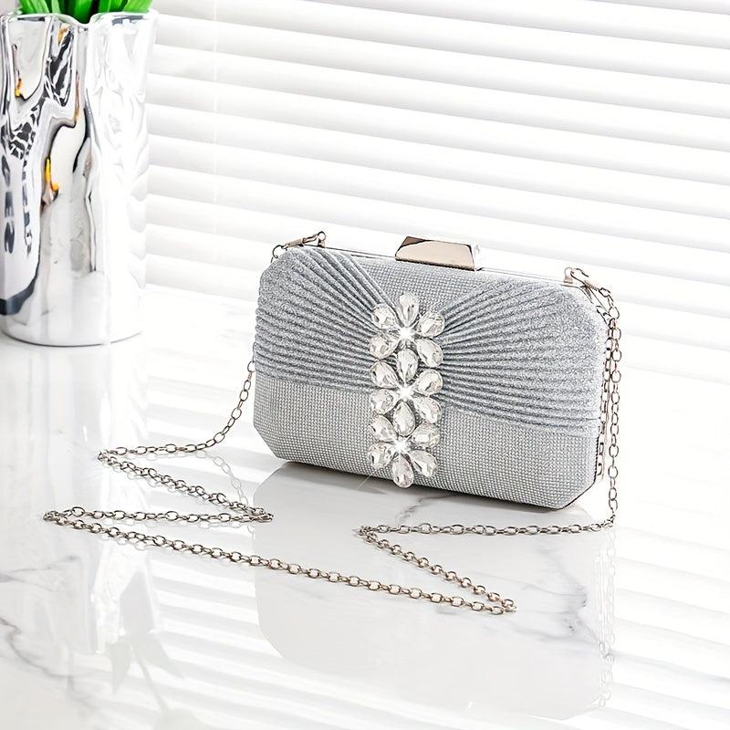 Pleated Rhinestone Glitter Kiss Lock Chain Clutch Evening Bag
