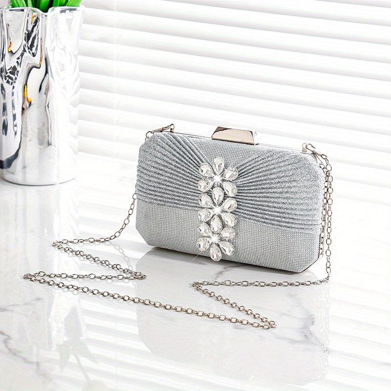 Pleated Rhinestone Glitter Kiss Lock Chain Clutch Evening Bag