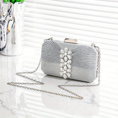 Pleated Rhinestone Glitter Kiss Lock Chain Clutch Evening Bag