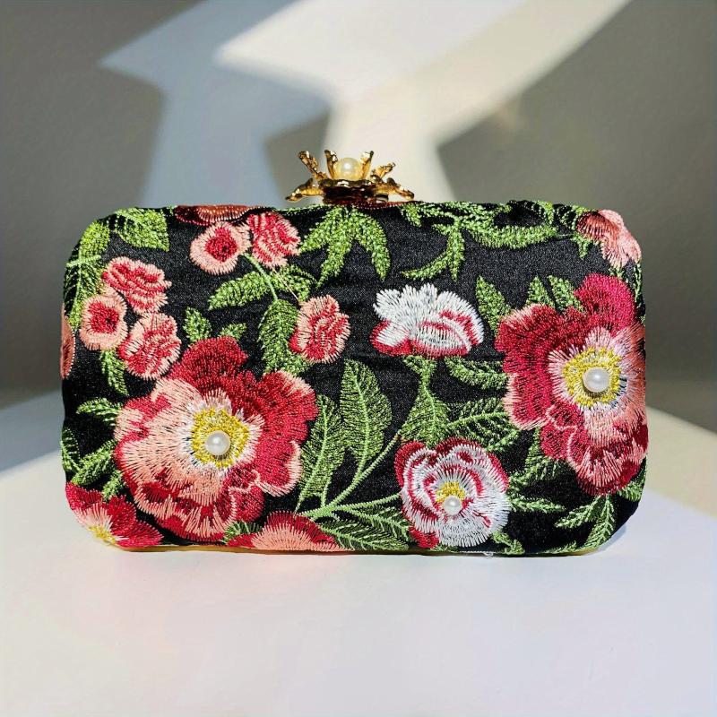 Flower Embroidery Faux Pearl Clutch Bag for Wedding Banquet