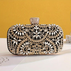 Rhinestone Floral Pattern Clutch Metal Chain Evening Bag