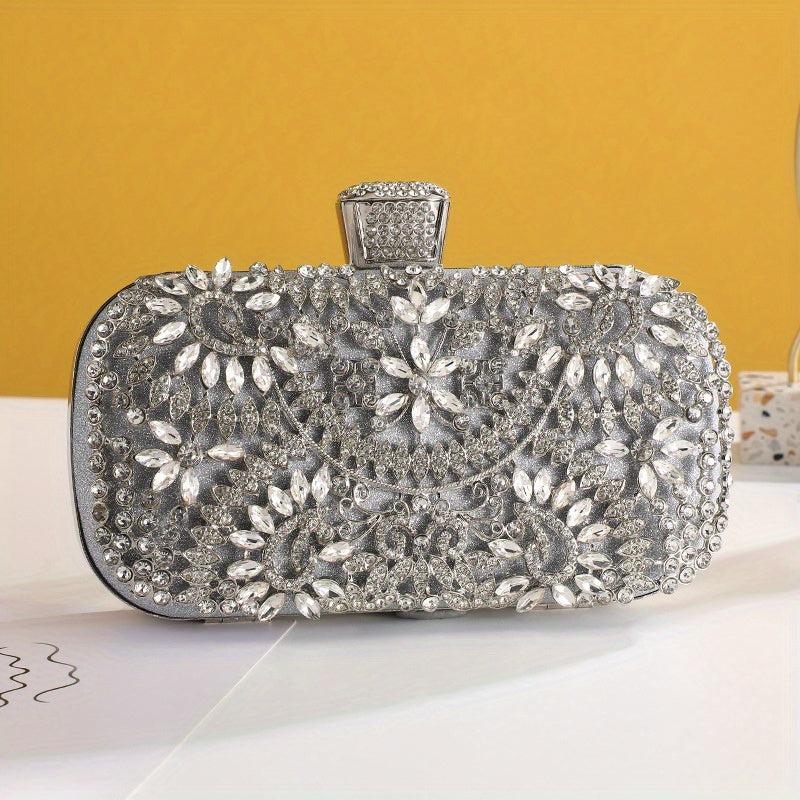 Rhinestone Floral Pattern Clutch Metal Chain Evening Bag