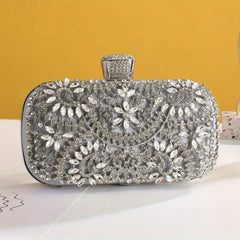 Rhinestone Floral Pattern Clutch Metal Chain Evening Bag