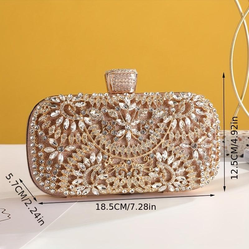 Rhinestone Floral Pattern Clutch Metal Chain Evening Bag