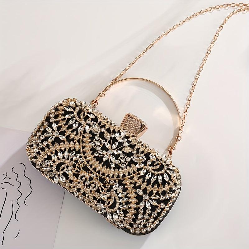 Rhinestone Floral Pattern Clutch Metal Chain Evening Bag