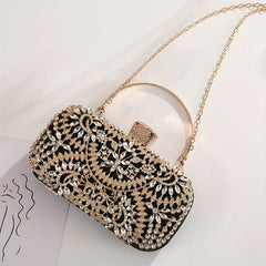 Rhinestone Floral Pattern Clutch Metal Chain Evening Bag