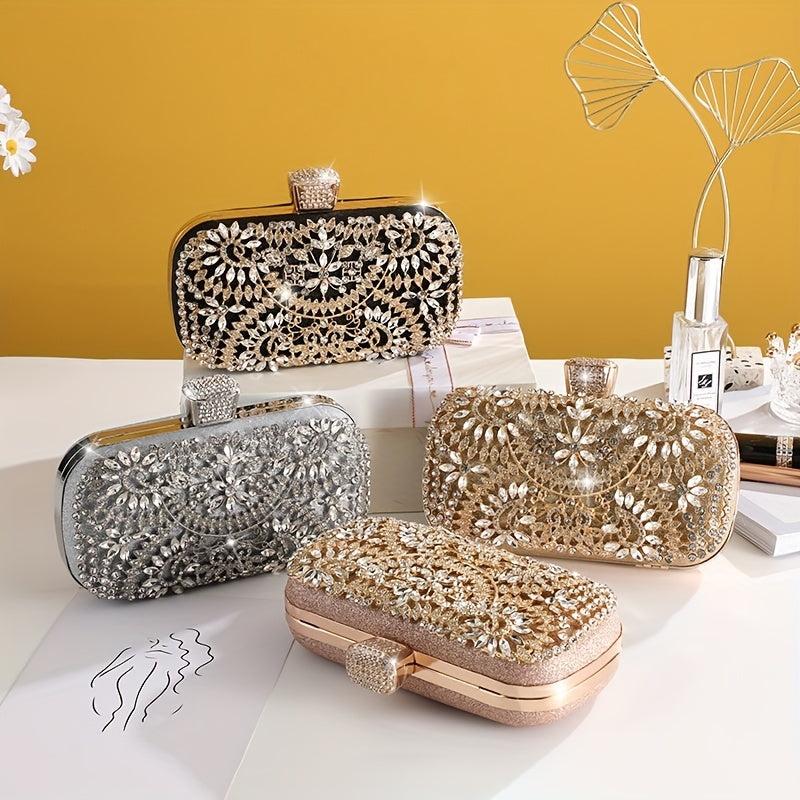 Rhinestone Floral Pattern Clutch Metal Chain Evening Bag
