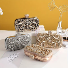 Rhinestone Floral Pattern Clutch Metal Chain Evening Bag