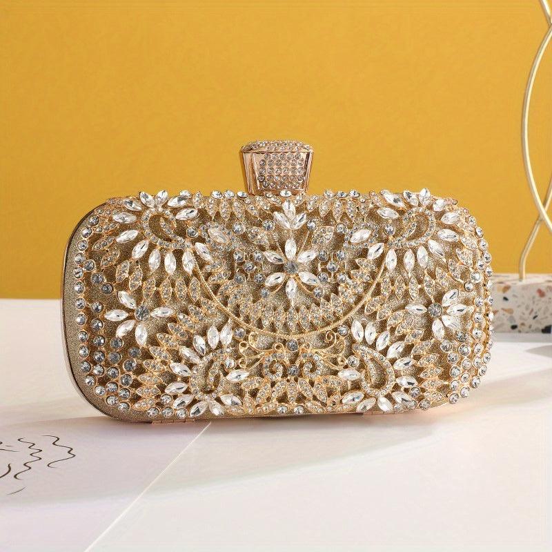 Rhinestone Floral Pattern Clutch Metal Chain Evening Bag