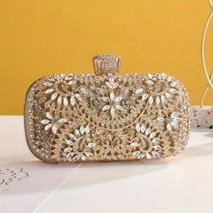 Rhinestone Floral Pattern Clutch Metal Chain Evening Bag