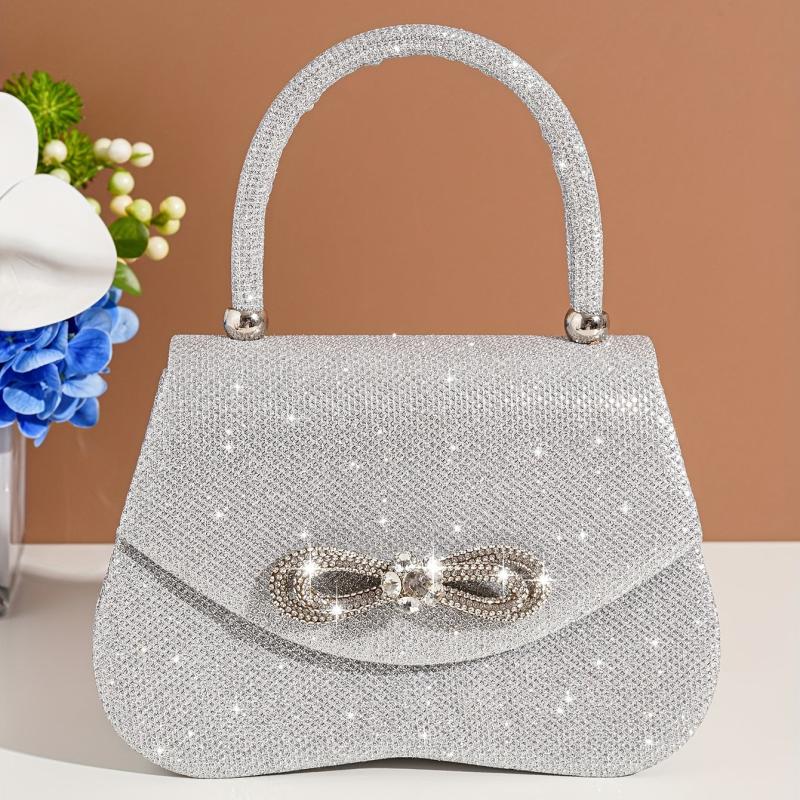 Rhinestone Bow Metal Chain Handbag Elegant Top Handle Bag