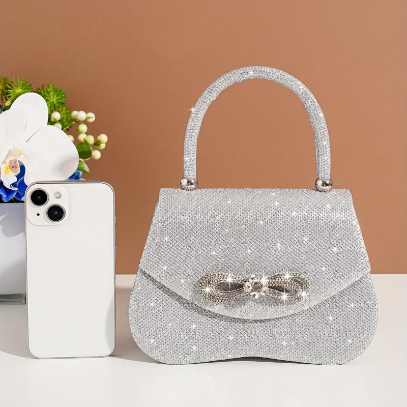 Rhinestone Bow Metal Chain Handbag Elegant Top Handle Bag