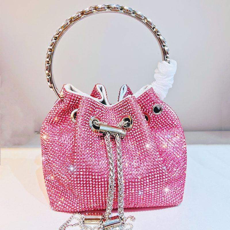Rhinestone Bucket Bag Glitter Top Ring Prom Purse Mini Chain Crossbody
