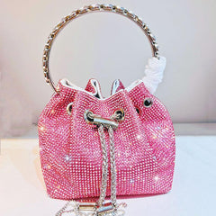 Rhinestone Bucket Bag Glitter Top Ring Prom Purse Mini Chain Crossbody