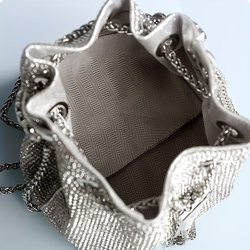 Rhinestone Bucket Bag Glitter Top Ring Prom Purse Mini Chain Crossbody