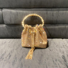 Rhinestone Bucket Bag Glitter Top Ring Prom Purse Mini Chain Crossbody