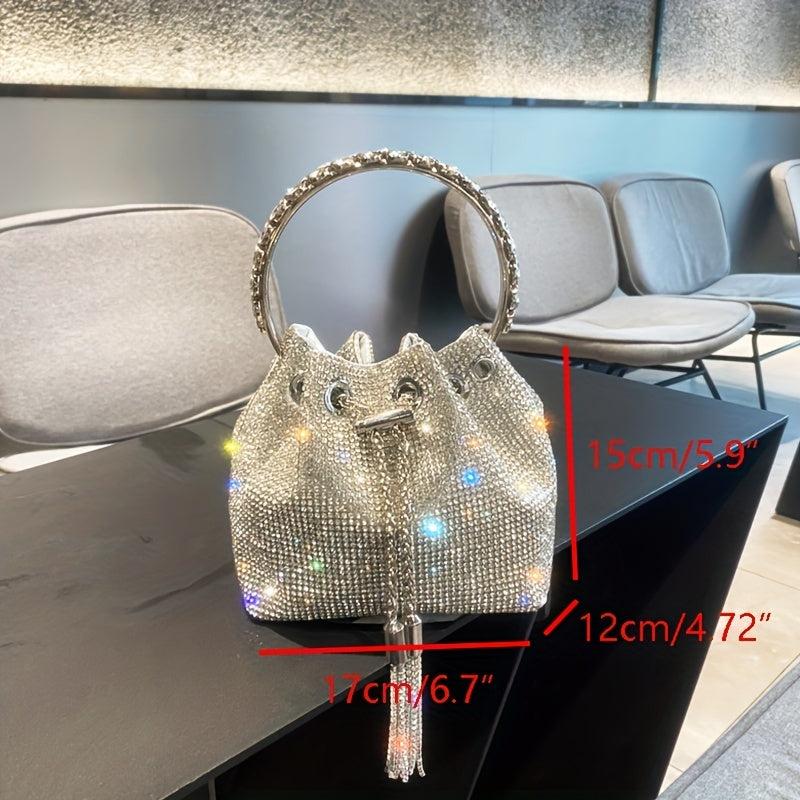 Rhinestone Bucket Bag Glitter Top Ring Prom Purse Mini Chain Crossbody