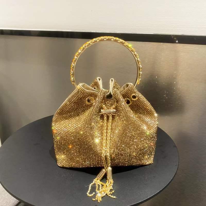 Rhinestone Bucket Bag Glitter Top Ring Prom Purse Mini Chain Crossbody