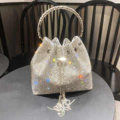 Rhinestone Bucket Bag Glitter Top Ring Prom Purse Mini Chain Crossbody
