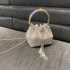 Rhinestone Bucket Bag Glitter Top Ring Prom Purse Mini Chain Crossbody