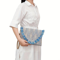 Straw Woven Envelope Clutch Bag Summer Tassel Wristlet Purse