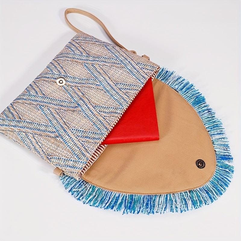 Straw Woven Envelope Clutch Bag Summer Tassel Wristlet Purse