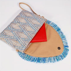 Straw Woven Envelope Clutch Bag Summer Tassel Wristlet Purse