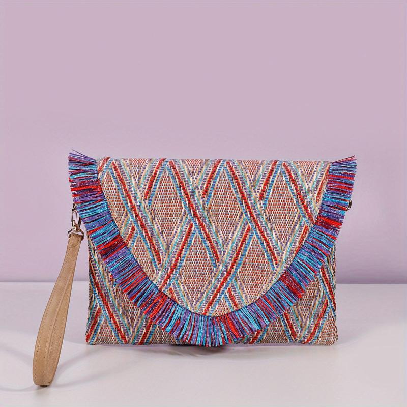 Straw Woven Envelope Clutch Bag Summer Tassel Wristlet Purse