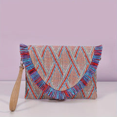 Straw Woven Envelope Clutch Bag Summer Tassel Wristlet Purse