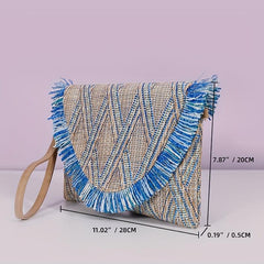 Straw Woven Envelope Clutch Bag Summer Tassel Wristlet Purse