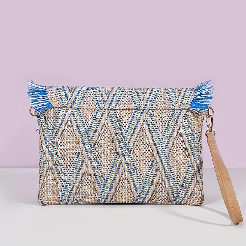 Straw Woven Envelope Clutch Bag Summer Tassel Wristlet Purse