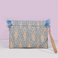Straw Woven Envelope Clutch Bag Summer Tassel Wristlet Purse