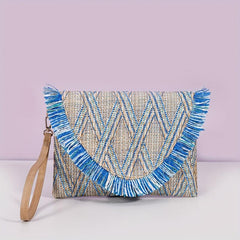 Straw Woven Envelope Clutch Bag Summer Tassel Wristlet Purse