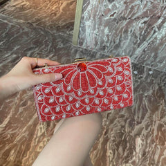 Flower Pattern Clutch Wallet Classic Glitter Rhinestone Chain Bag