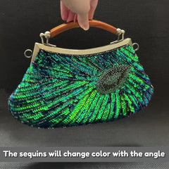 Peacock Feather Sequins Evening Bag Retro Dress Clutch Purse Women's Handbags