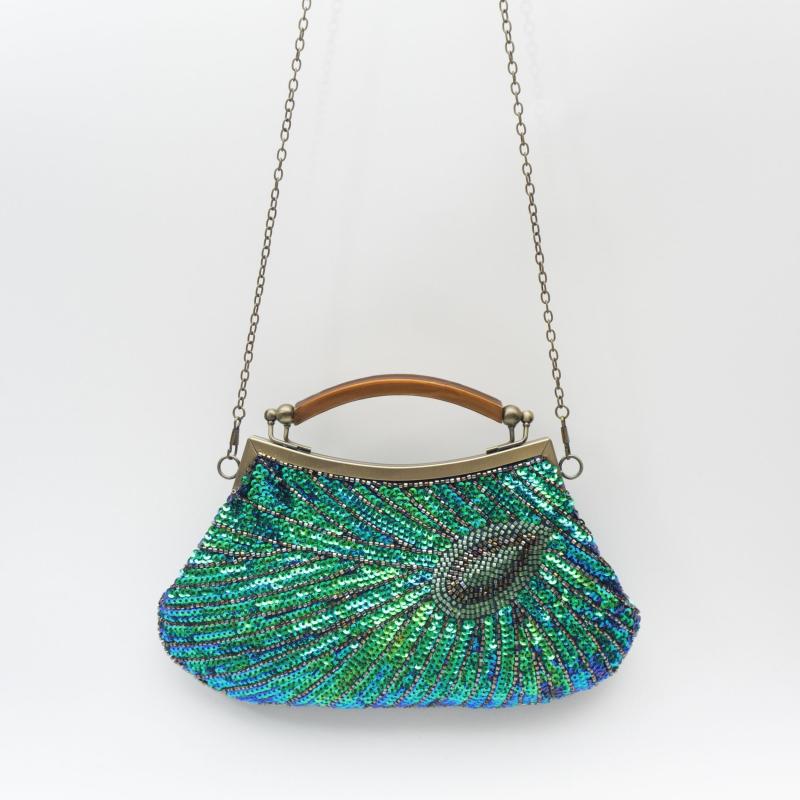Peacock Feather Sequins Evening Bag Retro Dress Clutch Purse Women's Handbags