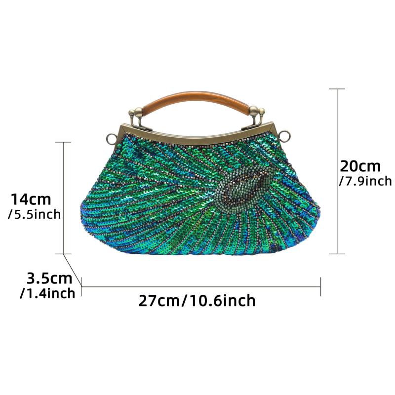 Peacock Feather Sequins Evening Bag Retro Dress Clutch Purse Women's Handbags