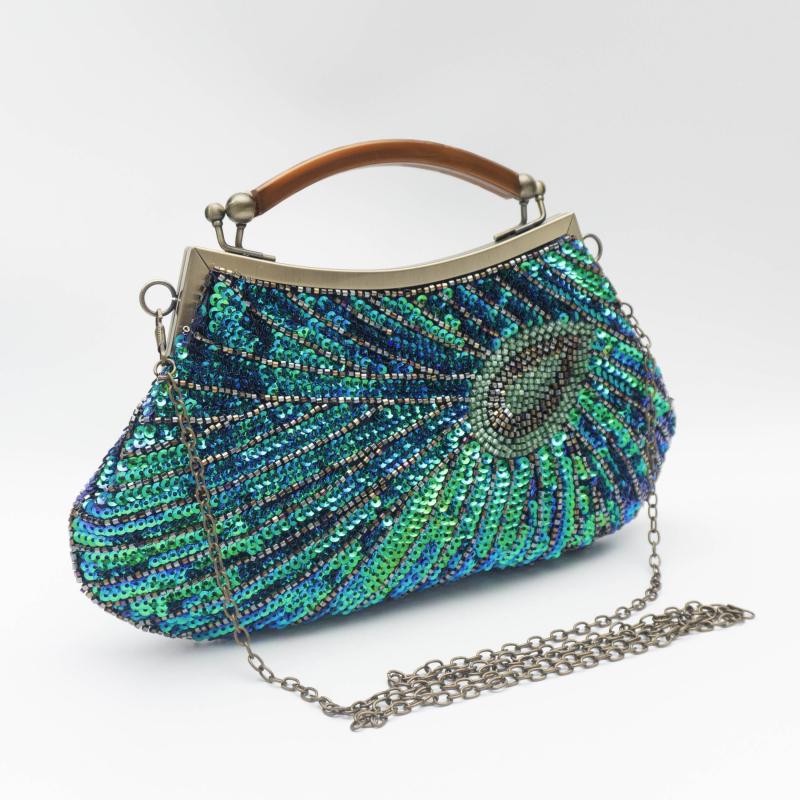 Peacock Feather Sequins Evening Bag Retro Dress Clutch Purse Women's Handbags