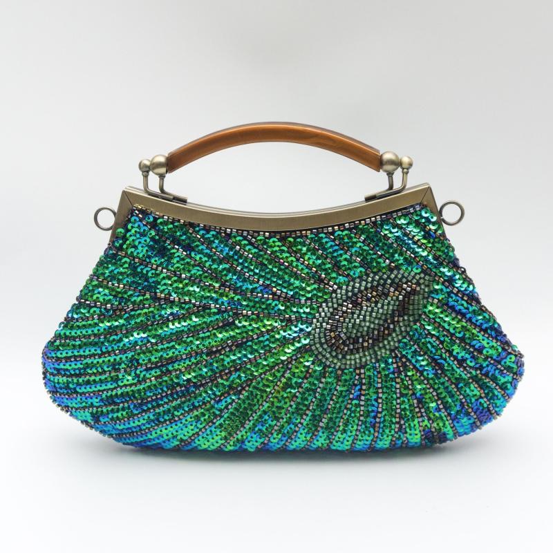 Peacock Feather Sequins Evening Bag Retro Dress Clutch Purse Women's Handbags
