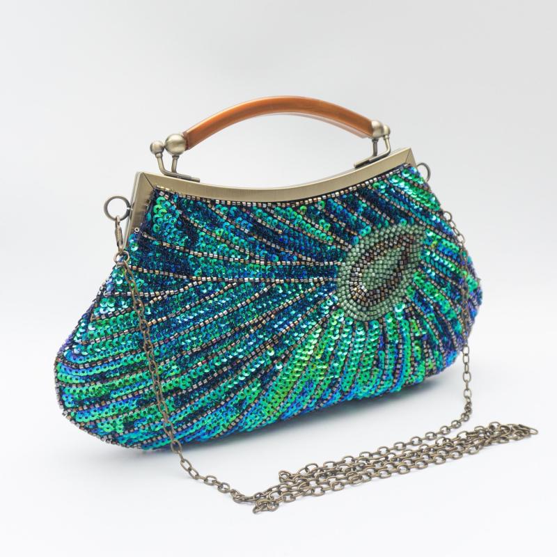 Peacock Feather Sequins Evening Bag Retro Dress Clutch Purse Women's Handbags