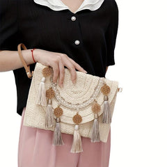 Vintage Ethnic Envelope Bag Retro Bohemian Clutch Purse Straw Woven Handbag