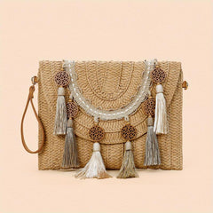 Vintage Ethnic Envelope Bag Retro Bohemian Clutch Purse Straw Woven Handbag