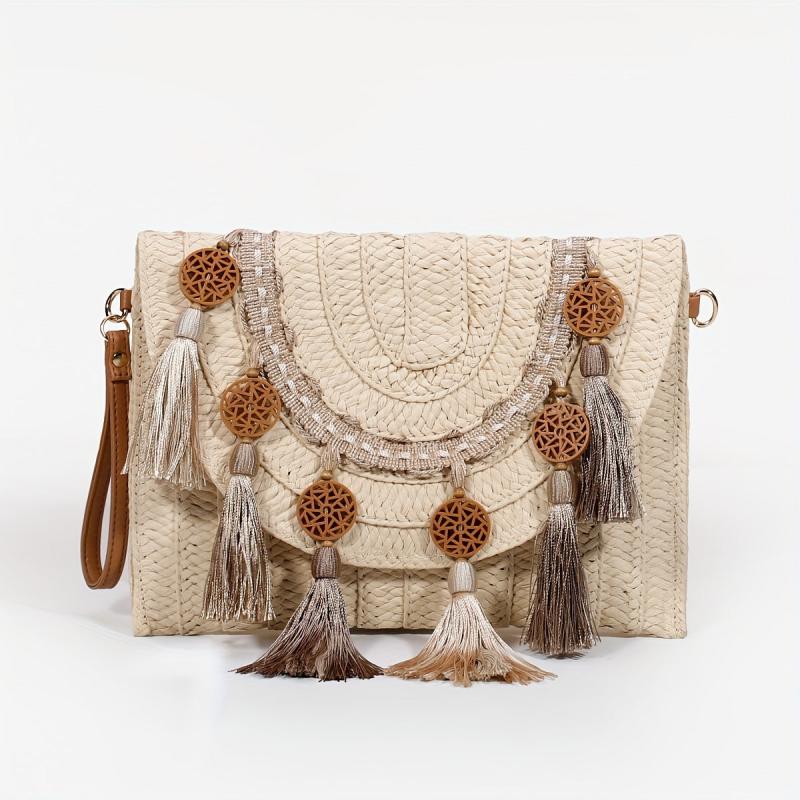 Vintage Ethnic Envelope Bag Retro Bohemian Clutch Purse Straw Woven Handbag