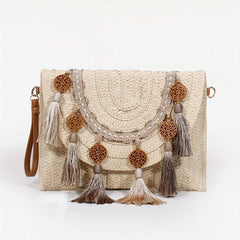 Vintage Ethnic Envelope Bag Retro Bohemian Clutch Purse Straw Woven Handbag