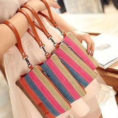Colorful Striped Long Purse Faux Leather Textured Clutch Wallet